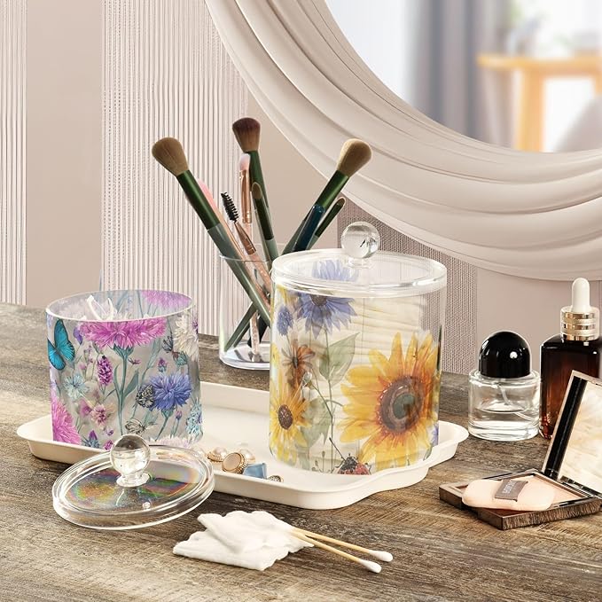 2 Pack Qtip Dispenser Apothecary Jars with Lids Cotton Round Holder Bathroom Canisters for Cotton Swab Floss Ball Pads Clear Plastic Decorative Sunflowers Cornflower Butterfly