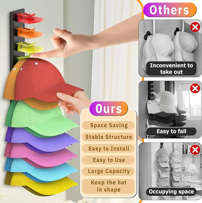 Volnamal Hat Organizer for Baseball Caps, 2 Pack Hold Up to 40 Hats, Hat Rack for Wall Space Saving, Hat Hanger w/Strong Adhesive Hat Storage Holder Display for Closet Door and Wall (Black & Color)