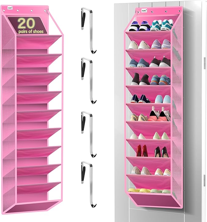 Kotkn 10 Tier Over The Door Organizer - Heavy Duty Hanging Storage Rack with Sturdy Oxford Fabric, Holds 20+ Pairs of Footwear, Boots & Sneakers, Saves 50% Closet Space! (Pink)