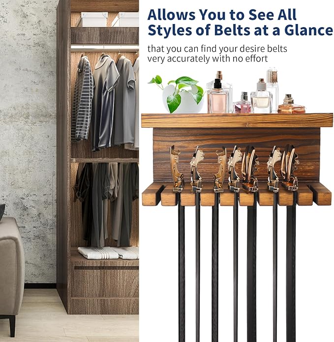 Yamahiko Belt Storage Organizer for Closet, Belt Hanger Wall Mounts with Double Shelving Platform, Belt Rack Holder Shelf for Closet Door, Wall Closet Organizer Tie Belt Hanger Rack for Men Women