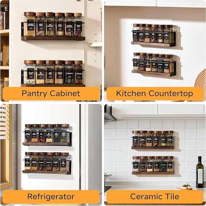 2-Tier Wall Mount Spice Rack Organizer - Screw/Adhesive Mount, Black Metal & Wood Spice Storage for Kitchen Pantry Cabinet, 11.6”W x 2.4”D x 3.2”H,Spice Jars Not Included