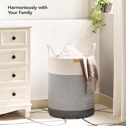 Nunsino Laundry Hamper 62L,Large Laundry Basket for Clothes,Decorative Storage Basket for Blankets,Cotton Rope Woven basket for bedroom,Grey White