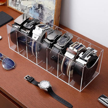 Belt Organizer for Closet, Acrylic Belt Organizer 7 Compartments Display Case for Tie and Bow Tie, Clear Belt Holder for Women Men Home