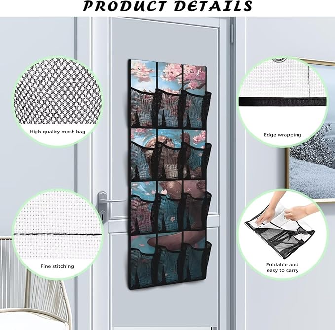 Over The Door Shoe Organizer Cherry Blossom Sloth Hanging Shoe Rack for Closet with 12 Large Mesh Pockets Washable Reusable Door Hanging Storage Bag for Small Spaces