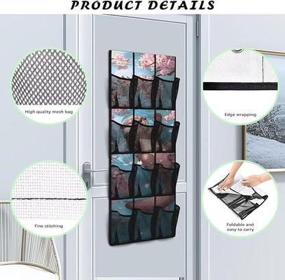 Over The Door Shoe Organizer Cherry Blossom Sloth Hanging Shoe Rack for Closet with 12 Large Mesh Pockets Washable Reusable Door Hanging Storage Bag for Small Spaces