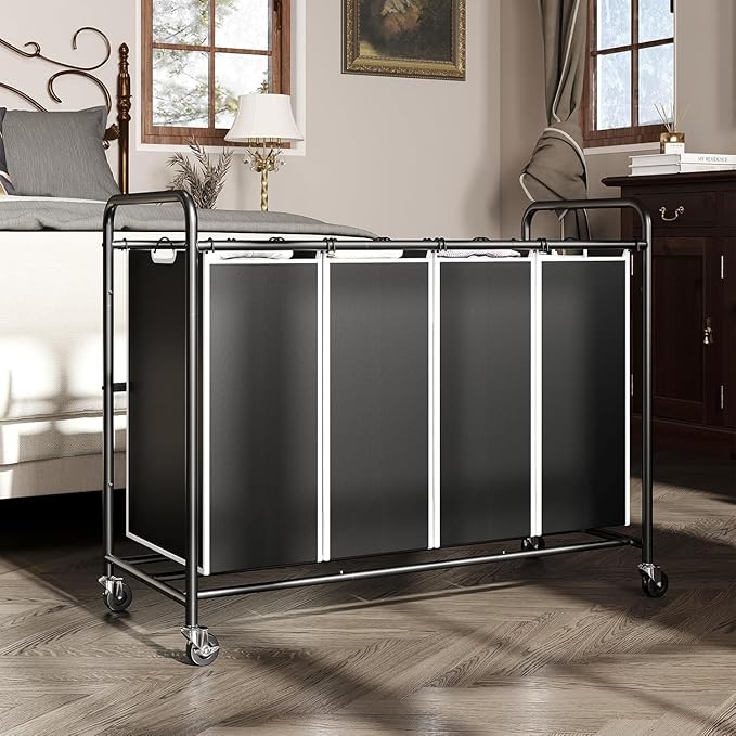 ROMOON Laundry Hamper Sorter Cart: 4-Section Organizer with Heavy-Duty Lockable Wheels and Removable Bags | 180L Rolling Laundry Basket for Dirty Clothes in Laundry Room or Small Spaces (Black)