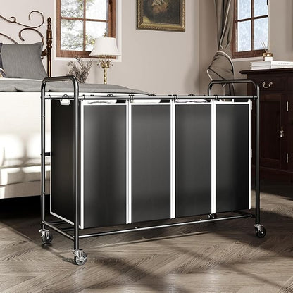 ROMOON Laundry Hamper Sorter Cart: 4-Section Organizer with Heavy-Duty Lockable Wheels and Removable Bags | 180L Rolling Laundry Basket for Dirty Clothes in Laundry Room or Small Spaces (Black)