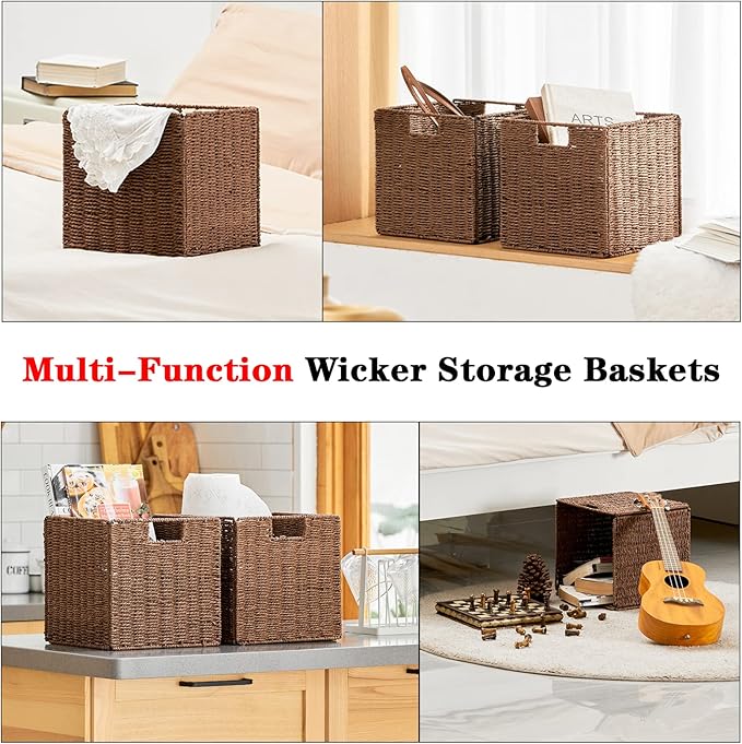 Vagusicc Wicker Storage Basket, Set of 2 Hand-Woven Storage Baskets for Shelves with Handles, Foldable Cube Storage Baskets Bins Organizer, 13 inch Large Wicker Baskets for Pantry Bedroom Decor, Brown