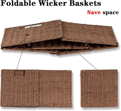 Vagusicc Wicker Basket, Set of 2 Hand-Woven Paper Rope Storage Baskets for Organizing, Foldable Cubby Storage Bins, 11 Inch Large Wicker Storage Basket, Square Baskets Cube Storage Organizer, Brown