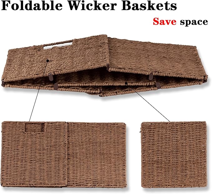 Vagusicc Wicker Storage Basket, Set of 2 Hand-Woven Storage Baskets for Shelves with Handles, Foldable Cube Storage Baskets Bins Organizer, 13 inch Large Wicker Baskets for Pantry Bedroom Decor, Brown