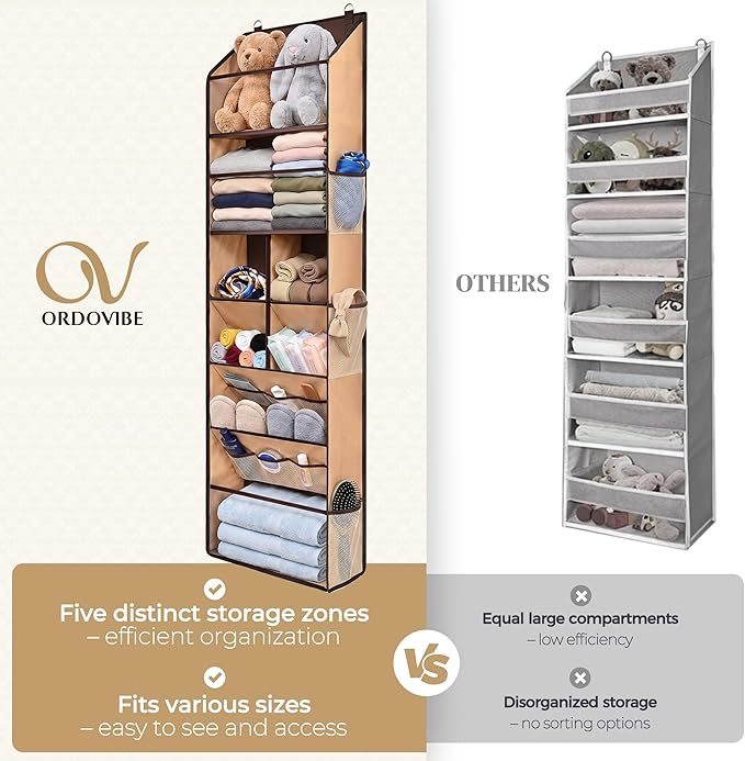 6-in-1 Over Door Hanging Organizer, Versatile Storage Over Door Organizer with 12 Mesh Pockets, 44 lbs Weight Capacity Hanging Storage Organizer for Bedroom, Bathroom,Behind Door,Brown