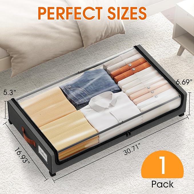 SpaceHacks Under Bed Storage with Wheels 1Pack Storage Containers with Clear Window&Label Under Bed Drawers Rolling Under Bed Storage for Clothes,Shoes, Blankets (30.71 x 16.93 x 6.69 in, Dark Grey)