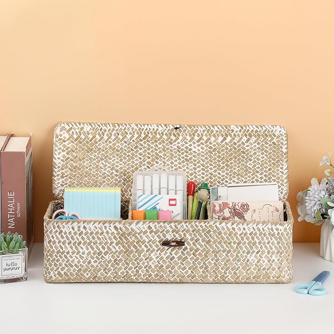 Hipiwe Storage Basket with Lid 3 Sections Handwoven Seagrass Basket Rectangular Closet Organizer Bin Multipurpose Storage Box for Bathroom Shelf Kitchen, Whitewash