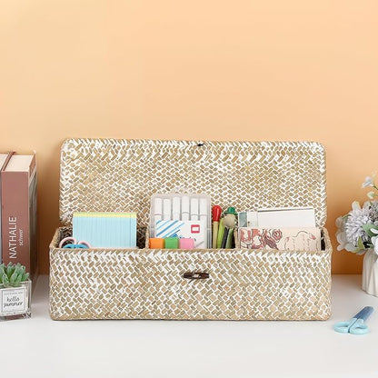 Hipiwe Storage Basket with Lid 3 Sections Handwoven Seagrass Basket Rectangular Closet Organizer Bin Multipurpose Storage Box for Bathroom Shelf Kitchen, Whitewash