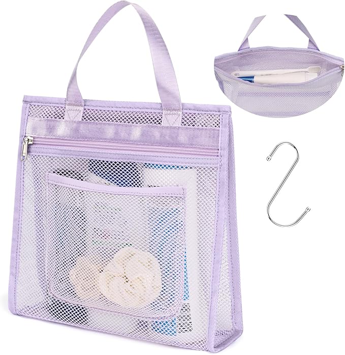 F-color Mesh Shower Caddy Portable Hanging - 3 Pockets Small Shower Bag Tote for Camping, Gym, Travel, Toiletry, Quick Dry Bathroom Essentials with S Hook, Purple