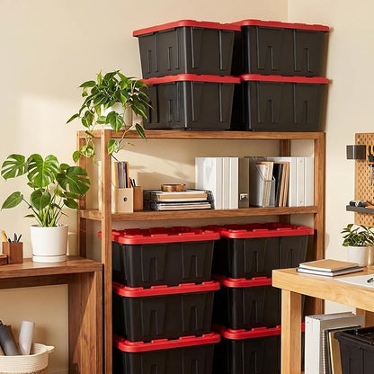 2-Pack 27 Gallon Heavy Duty Storage Bin with Lid, Stackable Large Plastic Tote Container for Home Garage & Outdoor - 30.6" W x 20.6" D x 14.3" H, Black and Red
