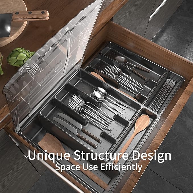 GoCozy Silverware Organizer with Lid, 9 Compartments Flatware Organizer, Plastic Utensil Holder for Countertop, Silverware Tray for Drawer, Black