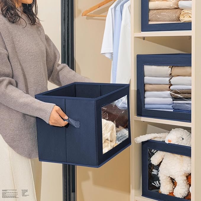 Homsorout Stackable Storage Bins with Lids - Large Storage Box with Lids, Foldable Closet Boxes for Organizing, Wardrobe Clothes Organizer with Window, Cubes Bins for Living Room, 4 Pack, Navy Blue
