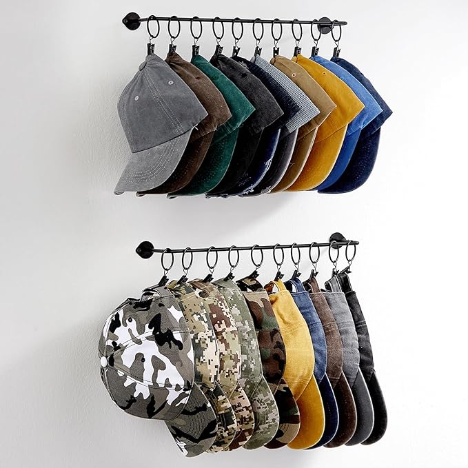 Viklluyr Hat Rack for Baseball Cap Hat Storage with 20 Hooks - Modern Metal Hat Organizer Wall Mounted Caps Hanger Set of 2 for Closet Door Bedroom Entryway Laundry
