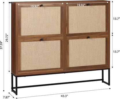 AVZEAR Narrow Shoe Storage Cabinet for Entryway with Natural Linen Panel, Freestanding Slim Shoe Cabinet with 4 Flip Drawers, Wood Shoe Organizer Closed Shoe Rack for Hallway, Living Room(Walnut)