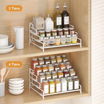RUILALIFE 4-Tier-Spice-Rack-Organizer-for-Cabinet, Adjustable Depth Spice Holder Shelf For Countertop Pantry Cupboard, Metal Tiered Seasoning Organizer,Display Shelf Riser (White-2 Pack)