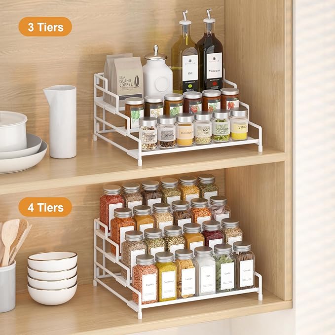 RUILALIFE 4-Tier-Spice-Rack-Organizer-for-Cabinet, Adjustable Depth Spice Holder Shelf For Countertop Pantry Cupboard, Metal Tiered Seasoning Organizer,Display Shelf Riser
