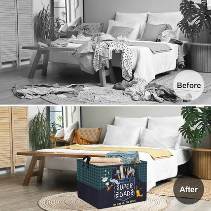 Clastyle Father‘s Day Gift Basket Empty for Dad Rectangle Plaid Tool Pipe Beard Storage Basket Clothes Book Storage Bin Organizer, Blue Apron, 40*30*30 cm