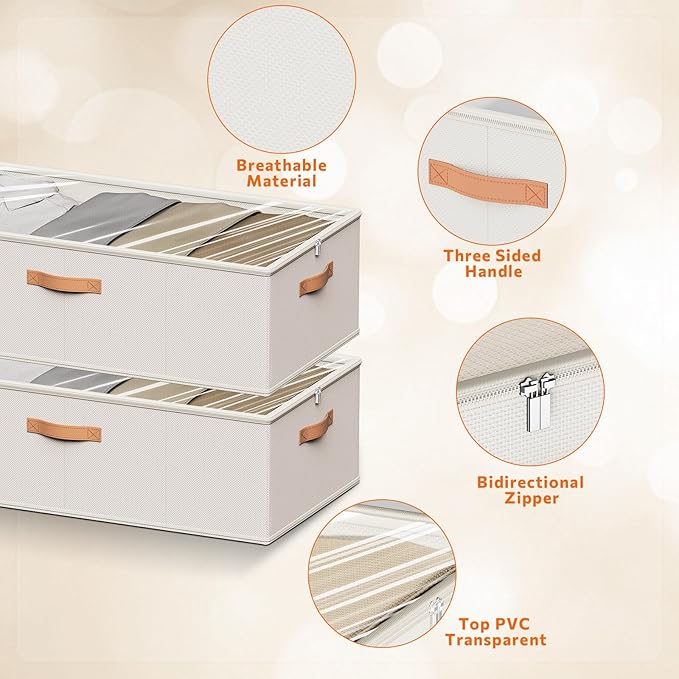 10inch 3 Pack Under Bed Storage Containers, 10 Inch Tall Underbed Clothes Storage Organizer Bin with Clear Window，Foldable Box Basket for Clothes, Closet, Bed Sheets and Blankets White
