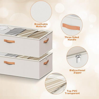 10inch 3 Pack Under Bed Storage Containers, 10 Inch Tall Underbed Clothes Storage Organizer Bin with Clear Window，Foldable Box Basket for Clothes, Closet, Bed Sheets and Blankets White