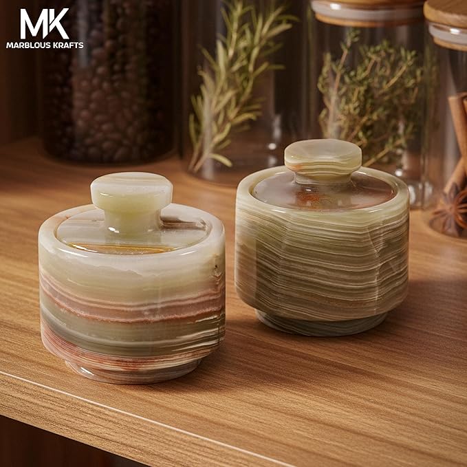 MARBLOUS KRAFTS Green Onyx 3" Small Salt Cellar Set of 2 Handmade Marble Salt Container with Lid for Countertop, Spice Jar, Sugar Bowl, Salt & Pepper Holder, Kitchen Gift