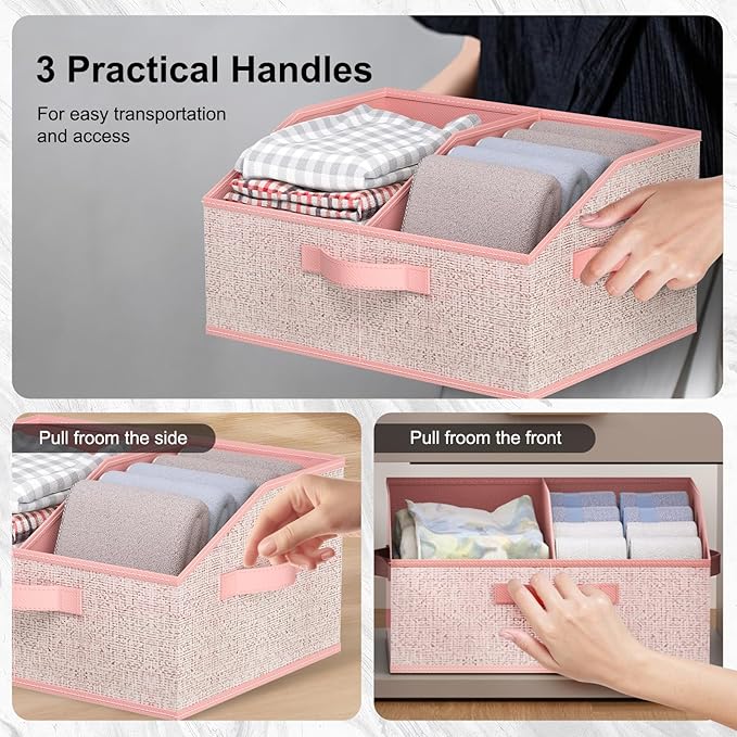 Closet Storage Bins 6 Pack, Large Closet Organizer Baskets with Divider & Handles,Trapezoid Fabric Shelf Organizers, Collapsible Storage Cubes for Clothes, Towels, Toys - Pink
