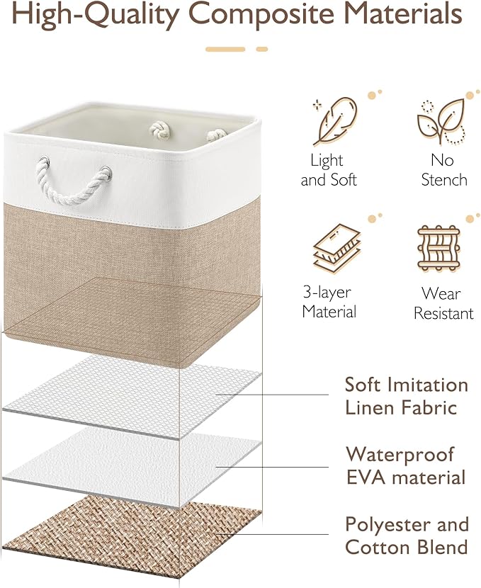 Patvingot 13x13x13 Cube Storage Bins,4 Pack Large Foldable Fabric Storage Cubes with Handles for Organizing Home, Closet, Shelf, Office(White&Khaki)