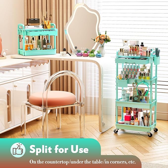 SUNALLY Makeup Cart Organizer with Drawers, 4 Tier Floor Skincare Organizers for Vanity, Rolling Makeup Bathroom Storage Cart Cosmetics Display Cases for Skin Care Perfume Nail Polish, Blue