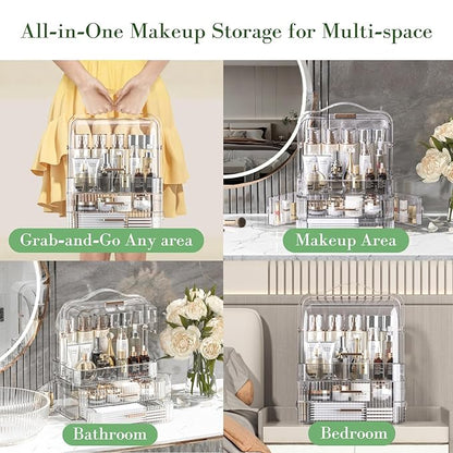 LINFIDITE Cosmetics Storage Box Transparent Lid Large Makeup Organizer Box Drawers Portable Handle Waterproof Dustproof Skincare Display Cases for Countertop, Bathroom, Dresser, PET,Clear Green