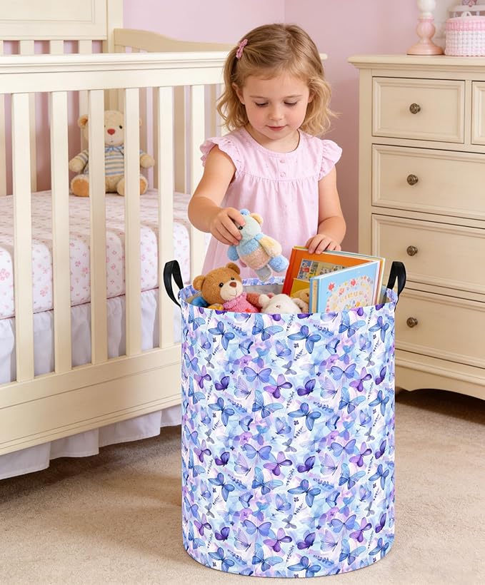 Butterfly Laundry hamper Baby Nursery Hamper Waterproof foldable kids laundry basket Kids Dirty Clothes Hampers Girl Room Decor for Home Gift Baskets(Blue Purple Butterfly)