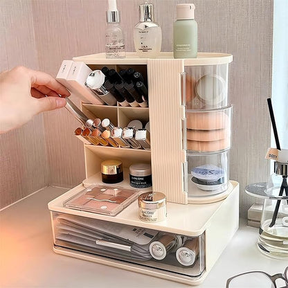 Makeup Organizer with 3 Rotating & Dustproof Drawers, Large Capacity Cosmetic Storage Box with Makeup Brush Holder, Make up Organizers for Vanity, Dresser, Bathroom (White)