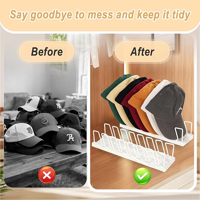 Hat Organizer for Baseball Caps - 14 Caps Organizer & Holder, Anti-Tip Metal Hat Rack & Display Stand, Quick-Install Hat Storage for Closet, Bedroom, Vanity (White wood grain，2 pack)