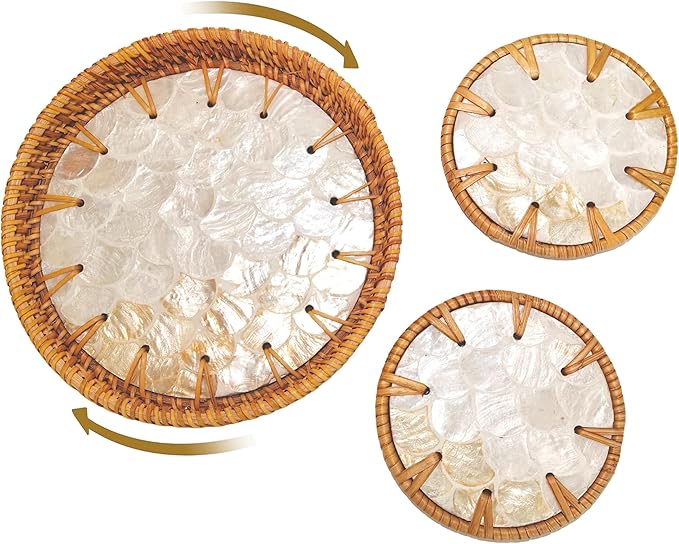 6" Mini Lazy Susan Turntable with 2 Rattan Coasters – Mother of Pearl Rotating Tray for Coffee Bar, Vanity, or Tabletop – Small Boho Decor for Condiments, Perfume & Jewelry Display