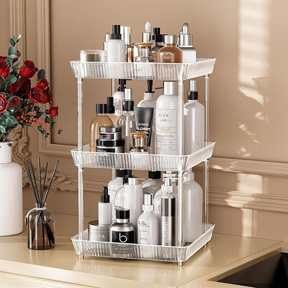 3 Tier Lazy Susan Bathroom Countertop Organizer, 360° Clear Rotating Square Storage Tray, Cosmetics and Perfume Organizer, Spinning Storage Tray Vanity Organizer Shelf for Bathroom Cabinet, Kitchen