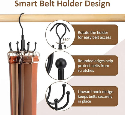 ZEDODIER Belt Organizer for Closet, Heavy-Duty Rotating Belt Hanger Rack Holds up to 24 Belts, Hanging Space Saving Metal Belt Holder for Closet Storage, Black