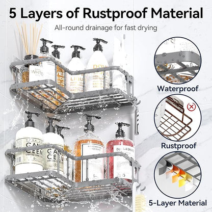 YASONIC Shower Caddy Corner, 3-Pack Adhesive Rustproof Stainless Steel Shower Shelves with Soap Holder, No Drilling Shower Organizer Corner for Dorm, Renters Bathroom, Grey
