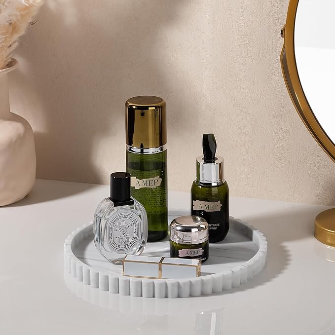 Round Bathroom Tray Silicone Kitchen Counter Decor Vanity Organizer Decorative Coffee Table Tray for Perfume, Candle, Soap Dish, 9 Inch, Marble