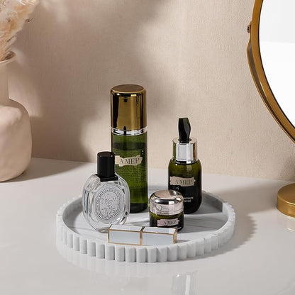 Round Bathroom Tray Silicone Kitchen Counter Decor Vanity Organizer Decorative Coffee Table Tray for Perfume, Candle, Soap Dish, 9 Inch, Marble