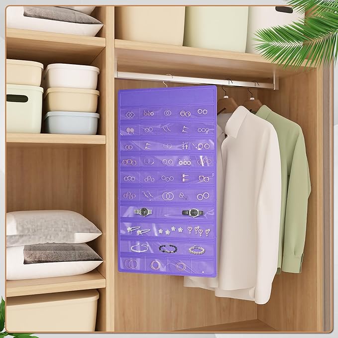 Hanging Jewelry Organizer Storage Roll, Double-Sided Necklaces Holder, 42 Pockets Plus 36 hooks Earrings Organizer Hang in Closet, On Wall, or Doors, Purple