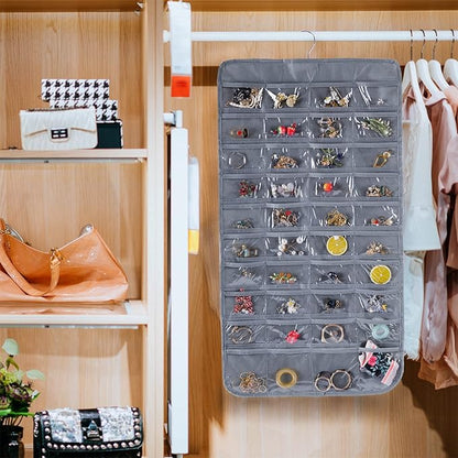 Bloss Hanging Jewelry Organizer With 80 Pockets Jewel Hanger For Jewelry Earring Storage Hanging Pocket Organizers Earring Holder Organizer for Mothers Day Gifts-Gray