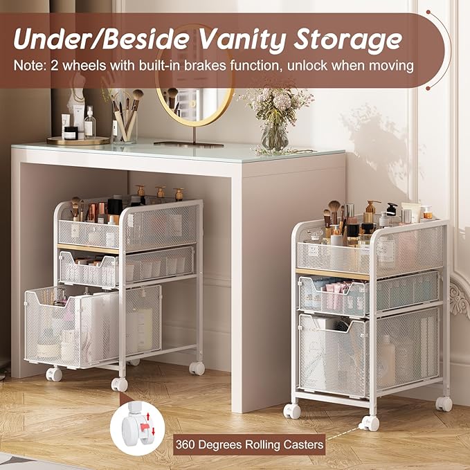 Hongtamoya Rolling Makeup Cart Organizer with 2 Drawers, Narrow Floor Skincare Organizers, Vanity Organizer Cosmetics Display Cases Holder for Skin Care Nail Polish Perfume Makeup Brush, White