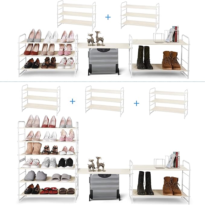 Simple Trending 3-Tier Stackable Shoe Rack, Expandable & Adjustable Fabric Shoe Shelf Storage Organizer, White