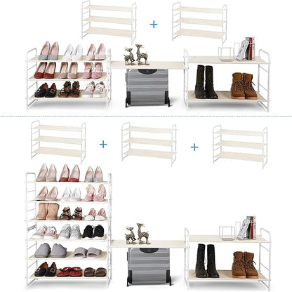 Simple Trending 3-Tier Stackable Shoe Rack, Expandable & Adjustable Fabric Shoe Shelf Storage Organizer, White