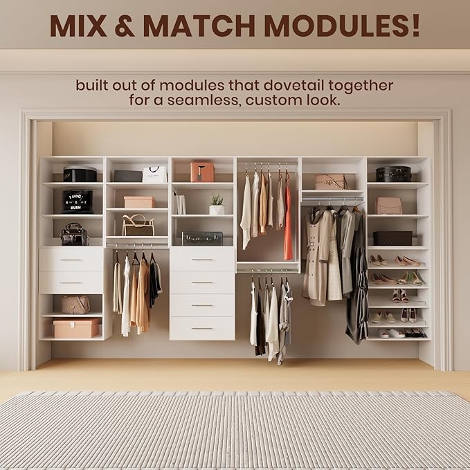 ROOMTEC Modular Closet System, 61" Wall-Mounted Closet Organizer with Hanging Rods, Wooden Tower for Walk-In Closets, Wardrobe Storage Kit, White