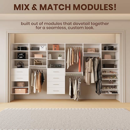 ROOMTEC Modular Closet System, 61" Wall-Mounted Closet Organizer with Hanging Rods, Wooden Tower for Walk-In Closets, Wardrobe Storage Kit, White
